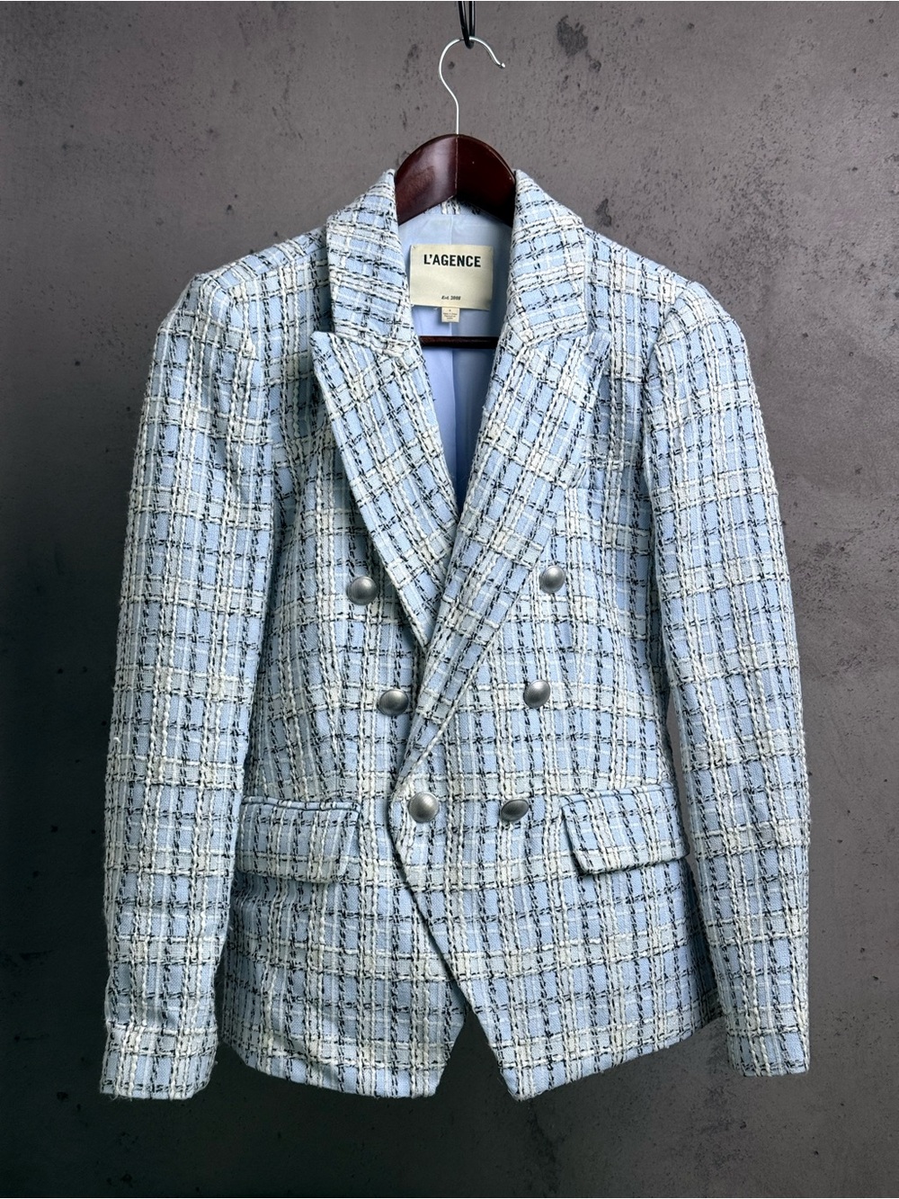 L'AGENCE Powder Blue Tweed Double-Breasted Blazer
